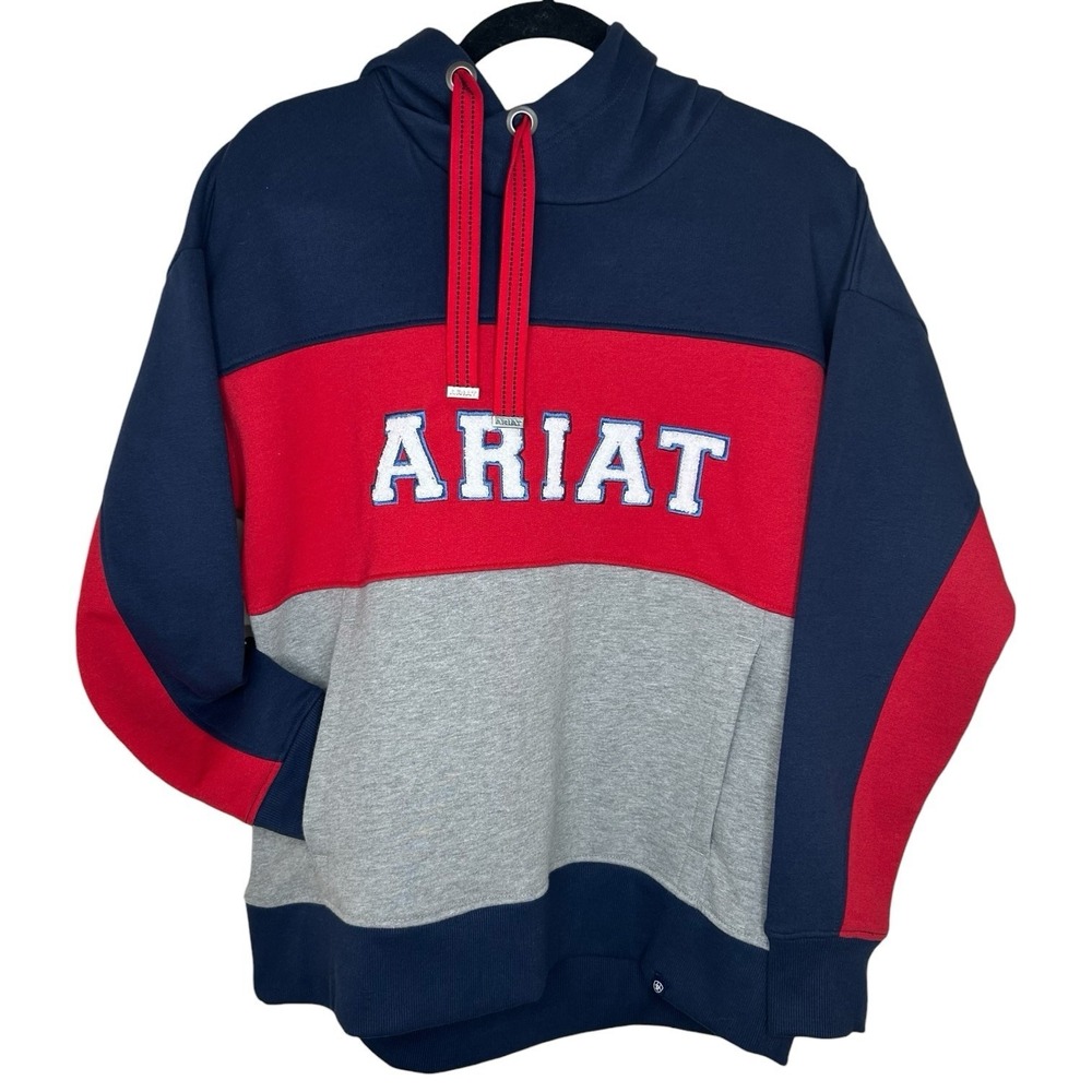 Ariat Women's Medium Rabere Team Hoodie Sweatshirt Navy Red Colorblock Workwear - Picture 13 of 13
